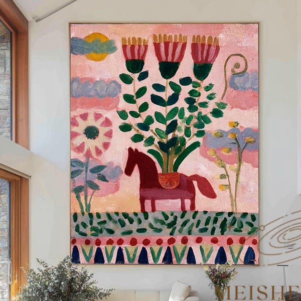 Origineel schilderij paard en tulpen, grillige volkskunst, boho-decor