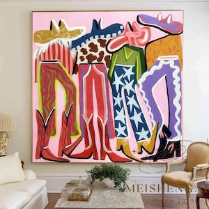 May include: Large abstract painting on a pink background featuring stylized figures in cowboy hats and boots. The figures wear colorful clothing, including red, green, and purple pants, and a shirt with a cow print.