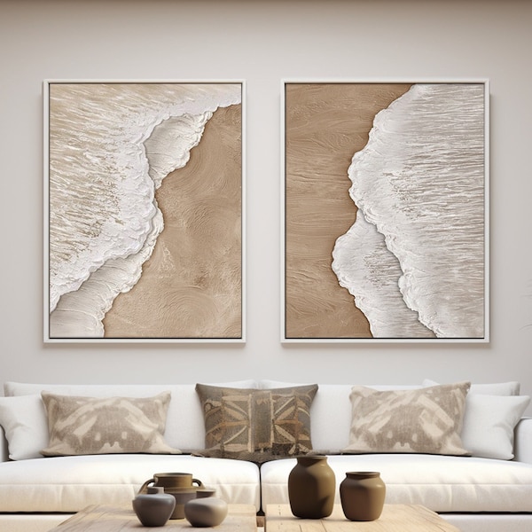 3D Minimalist Ocean Painting on Canvas Set of 2 Painting Wabi-Sabi Wall Art Textured Wall Art Ocean Waves Abstract Art 2 Pieces Painting