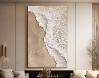 Playa Ocean Waves Pintura abstracta Wabi Sabi Wall Art 3D Beige Pintura minimalista Ocean Wave Pintura sobre lienzo Texturizado Arte de pared