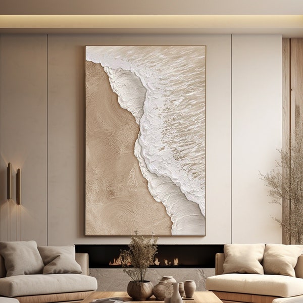 Beach Ocean Waves Abstract Painting Wabi Sabi Wall Art 3D Beige Minimalist Painting Ocean Wave Painting on Canvas Textured Wall Art