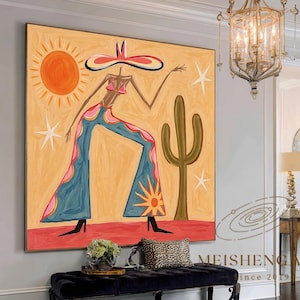 May include: An abstract painting depicts a figure in a wide-brimmed hat and flared pants, set against a desert landscape with a sun and cactus. The artwork features a warm color palette with orange, blue, and pink hues. The painting is displayed in a room with a black bench.