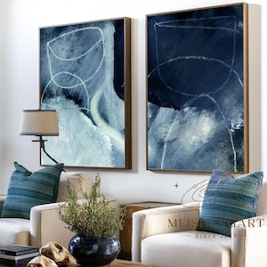 Royal  Blue Abstract Painting Set of 2 Blue Abstract Paintings Green Canvas Wall Art Large Blue Abstract Painting Blue Canvas Wall Art