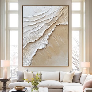 Ocean Waves Abstract Painting on Canvas 3D Textured Wall Art Heavy Textured Sea Wave Painting Beige Abstract Painting Wabi-Sabi Wall Art