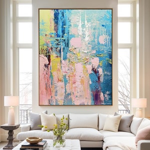 Colorful Abstract Painting on Canvas Pink Painting Blue Painting Bright Wall Art Fantasy Painting Texture Painting Large Abstract Painting