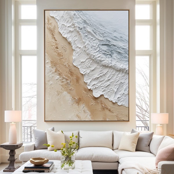 Original Ocean Beach Painting on Canvas Earth Tone Painting Sand Painting Textured Wall Art Living Room Painting Wabi-Sabi Wall art