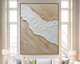 Pintura de olas del océano sobre lienzo Textura pesada Pintura abstracta Pintura de olas del océano Pintura beige Wabi-Sabi Decoración de la pared Sala de estar Arte de la pared