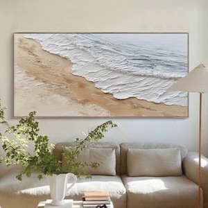 Tung texturerad havsvågsmålning: Minimalistisk strandkonst med impastomotiv på duk