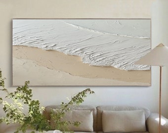 Original Ocean Waves Acrylic Painting on Canvas Abstract Minimalist Painting Beige Ocean Painting Neutral Wall Art Large Wall Art