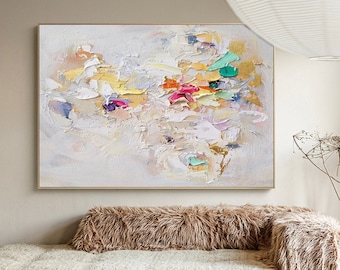 Large Colorful Abstract Painting White Texture Abstract Painting Colorful Knife Painting Hand-painted Abstract Art Large Canvas Art