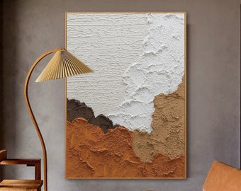 Peinture texturée 3D en terre cuite, art abstrait minimaliste, peinture en terre cuite, toile texturée beige, grande oeuvre d'art mural abstrait