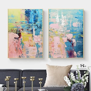 Set of 2 Pieces Painting on Canvas Colorful Abstract Painting Pink and Blue Painting 2 Piece Wall Art Bright Wall Art Modern Abstract Art image 1