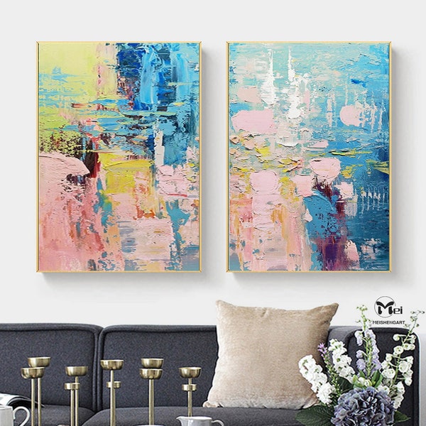 Juego de 2 piezas de pintura sobre lienzo Pintura abstracta colorida Pintura rosa y azul Arte de pared de 2 piezas Arte de pared brillante Arte abstracto moderno
