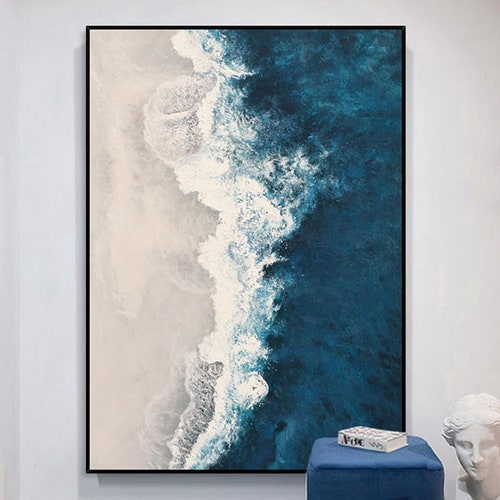 Framed Blue Ocean Wall Art Large Textured Whie Wave Painting Etsy