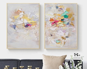 Large Colorful Textured Wall Art Set of 2 White Painting 2 Pieces Painting 3D Heavy Texture Painting Set of 2 Painting White Texture Art