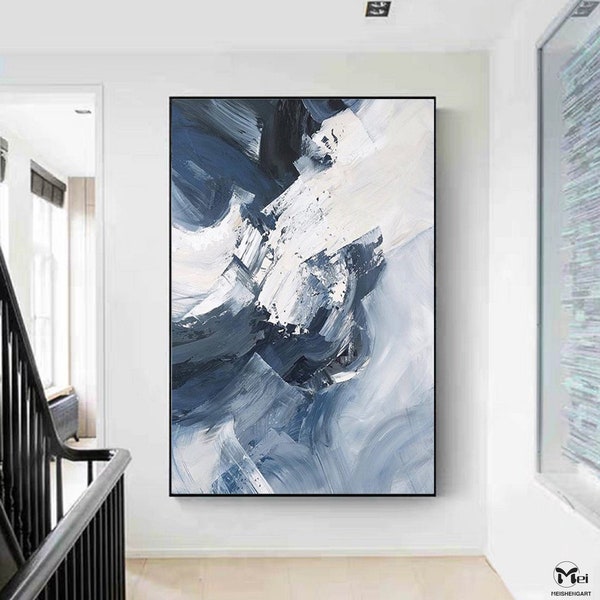 Gran pintura abstracta azul marino azul marino texturizado arte pinceladas pintura abstracta arte de pared minimalista arte de lienzo grande