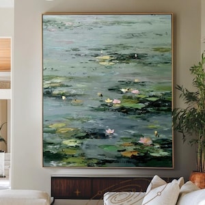 Original Impressionist Garden Acrylic Painting Water Lily Pond Landscape Painting Textured Wall Art Floral  Monet Style Wall Art #LI06