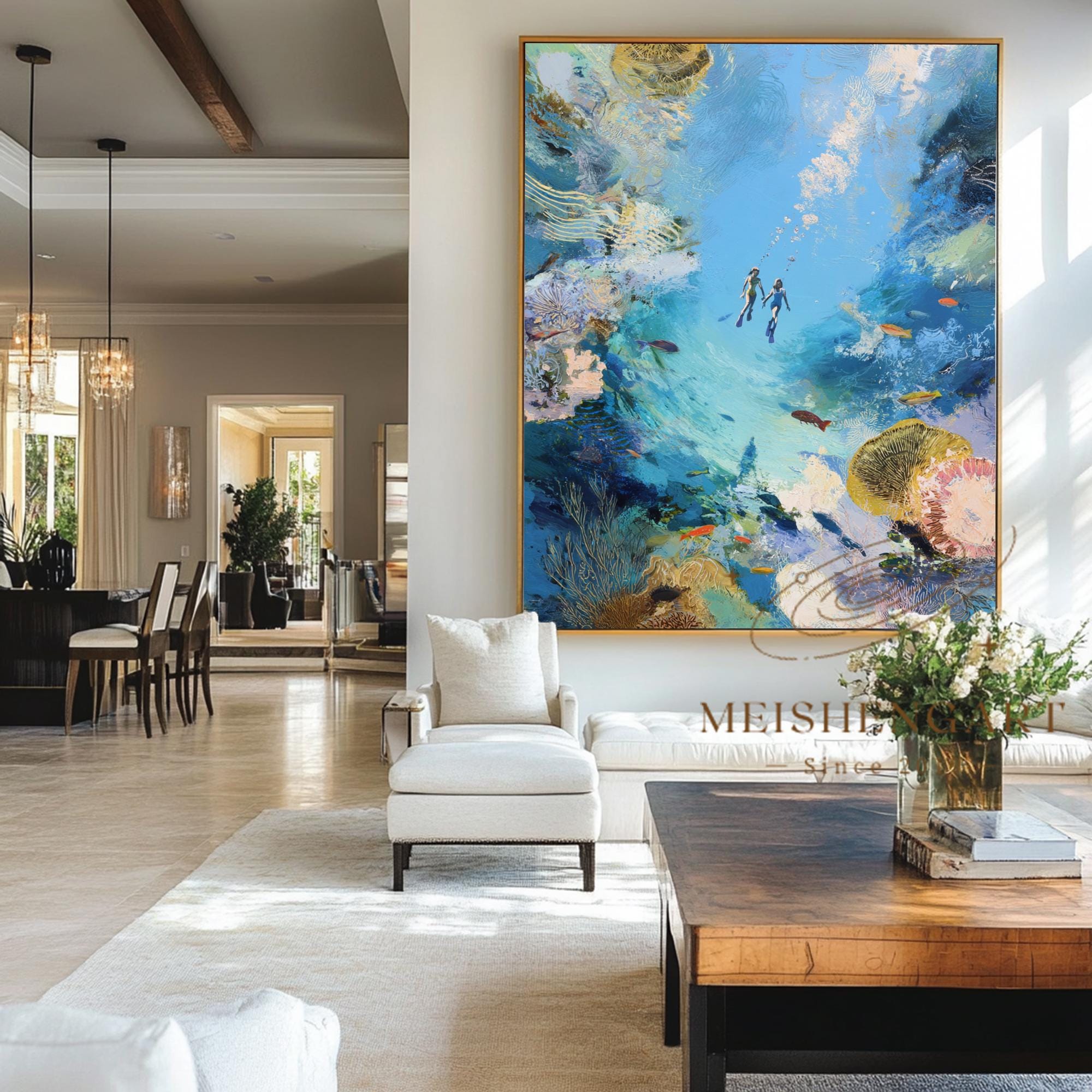 Large Snorkeling Underwater Art Underwater Swirl Painting Coastal Wall Art Summer Pool House Painting Turquoise Beach House Decor