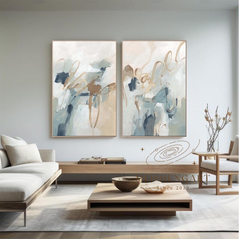 Blue Beige Abstract Painting Set, Minimalist Wall Art - Etsy