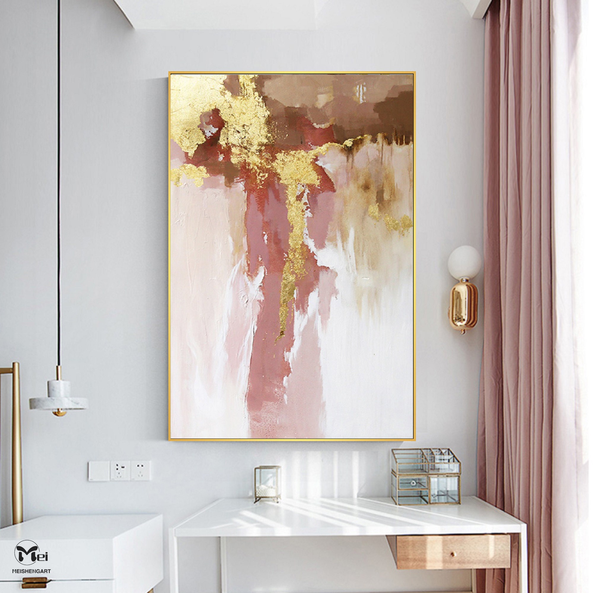 Large Pink Abstract Canvas Art Pink Gold Abstract Gold Leaf Etsy