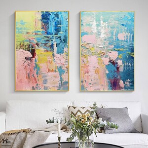 Set of 2 Pieces Painting on Canvas Colorful Abstract Painting Pink and Blue Painting 2 Piece Wall Art Bright Wall Art Modern Abstract Art image 2