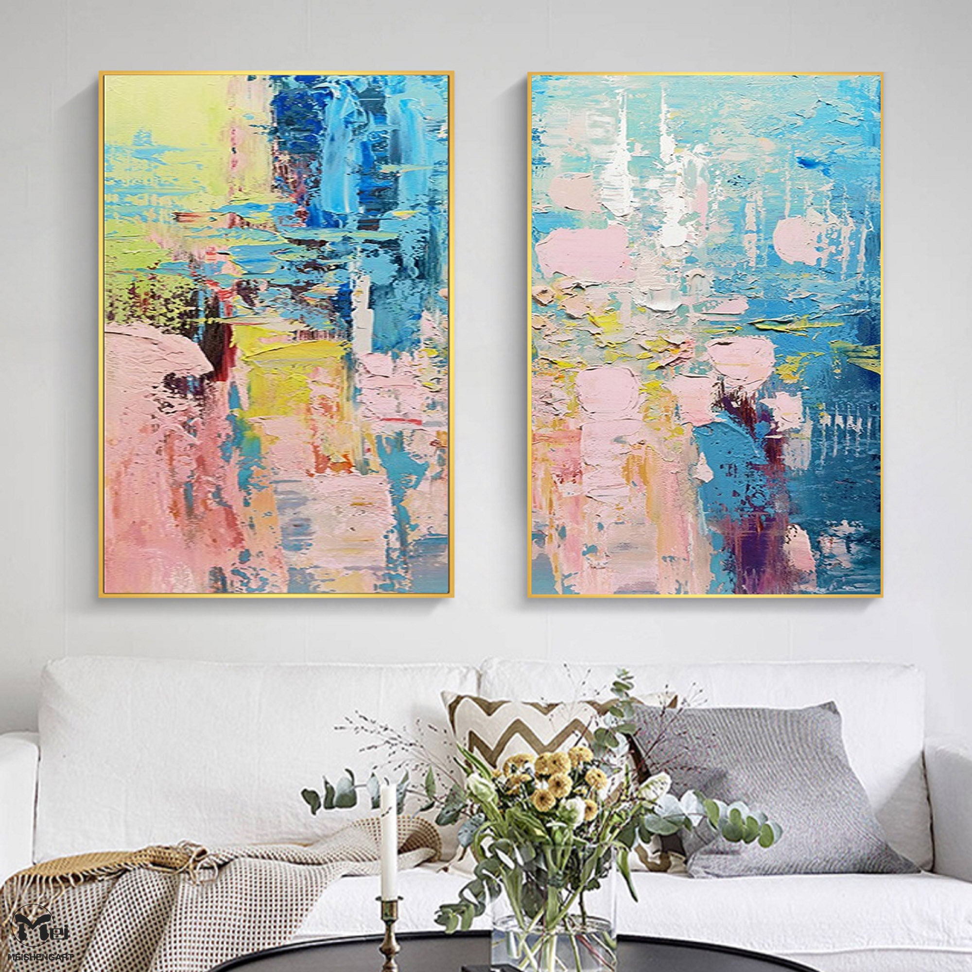Set of 2 Pieces Painting on Canvas Pink and Blue Painting - Etsy
