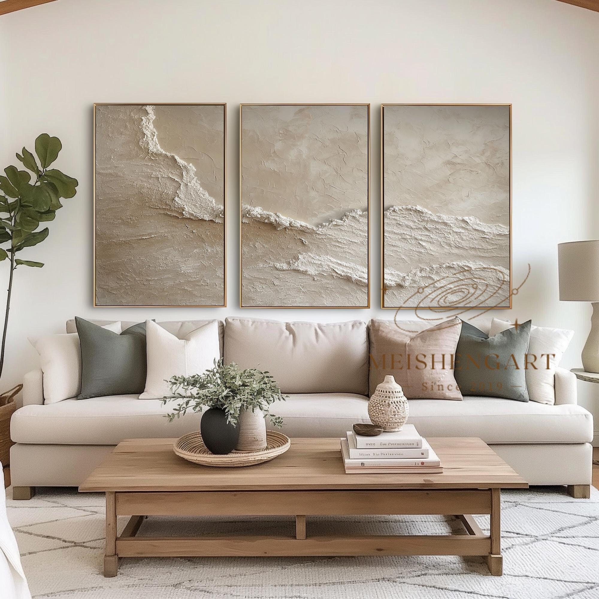 3D Textured Wall Art Wabi Sabi Wall Art Set of 3 Ocean Waves Abstract Painting Beige Textured Abstract Painting Plaster Wall Art