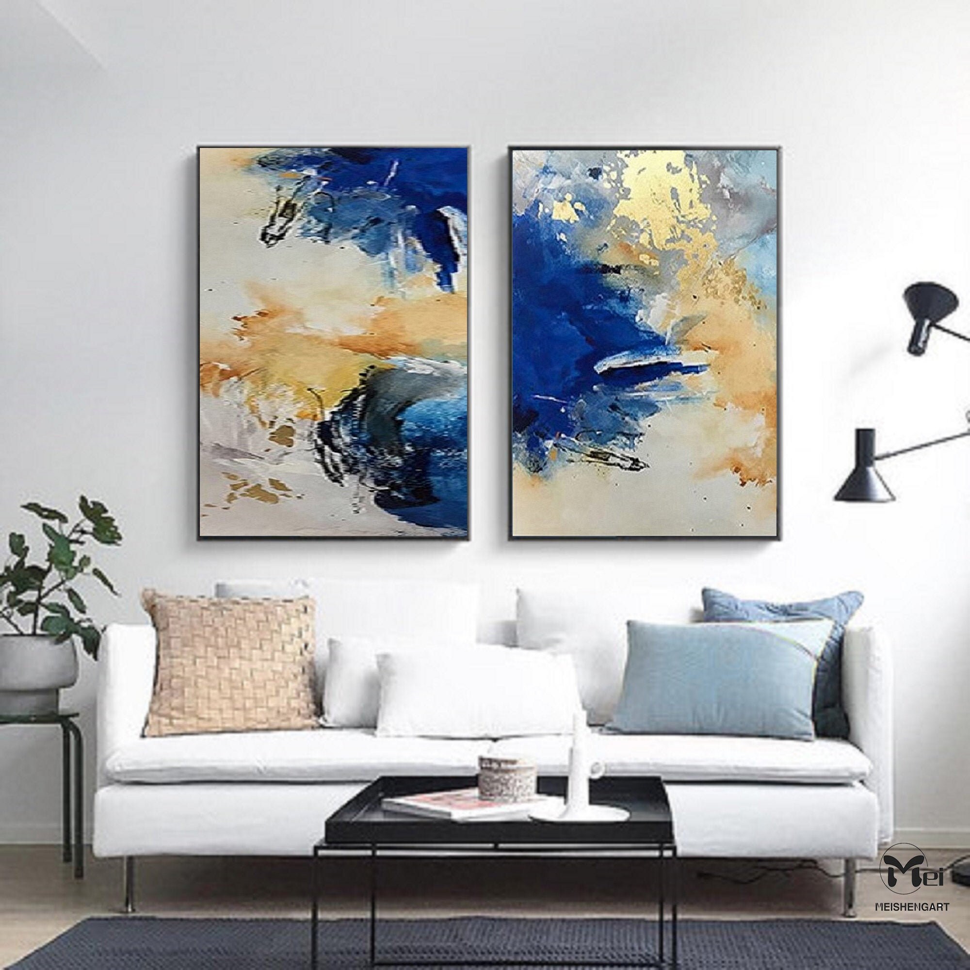 Set of 2 Pieces Painting on Canvas Blue Painting Gold Leaf Art - Etsy
