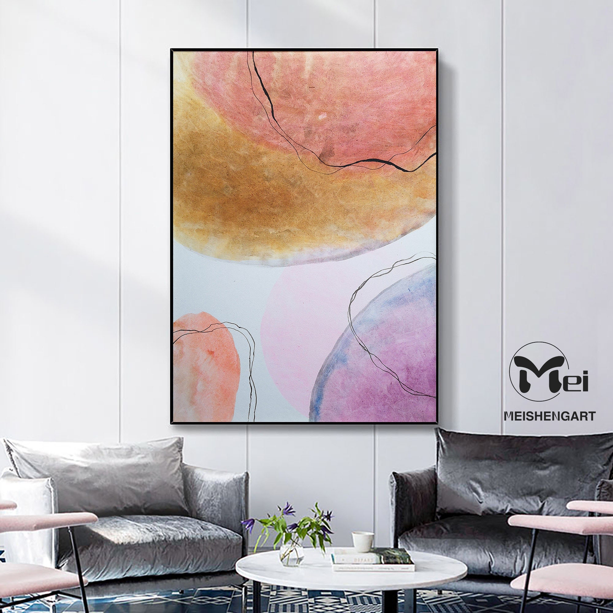 Large Colorful Wall Art Pink and Orange Painting Bright Wall Etsy