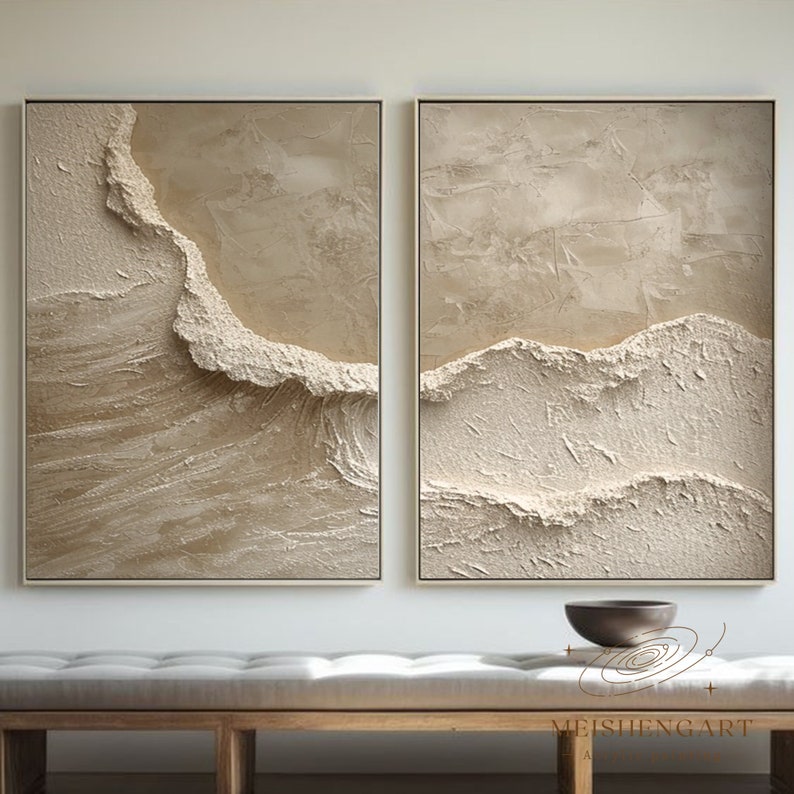 Ensemble de 2 tableaux abstraits texturés beiges, tableau vagues océaniques, 2 pièces Tableau abstrait beige, oeuvres d'art murales texturées 3D, oeuvres d'art texturées lourdes image 5