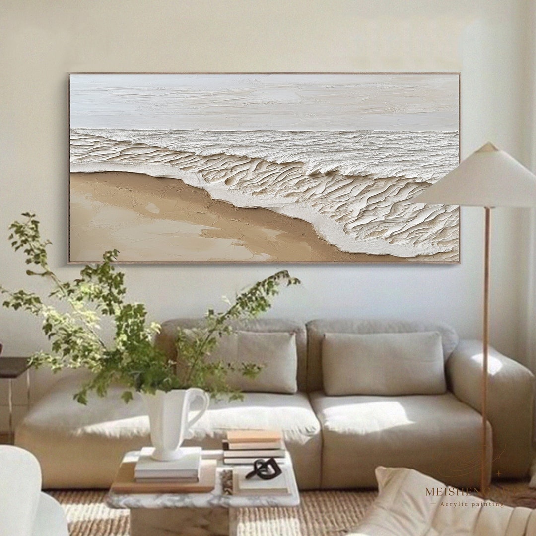 3D Beige Minimalist Beach Painting Textured Wall Art Ocean Wave ...