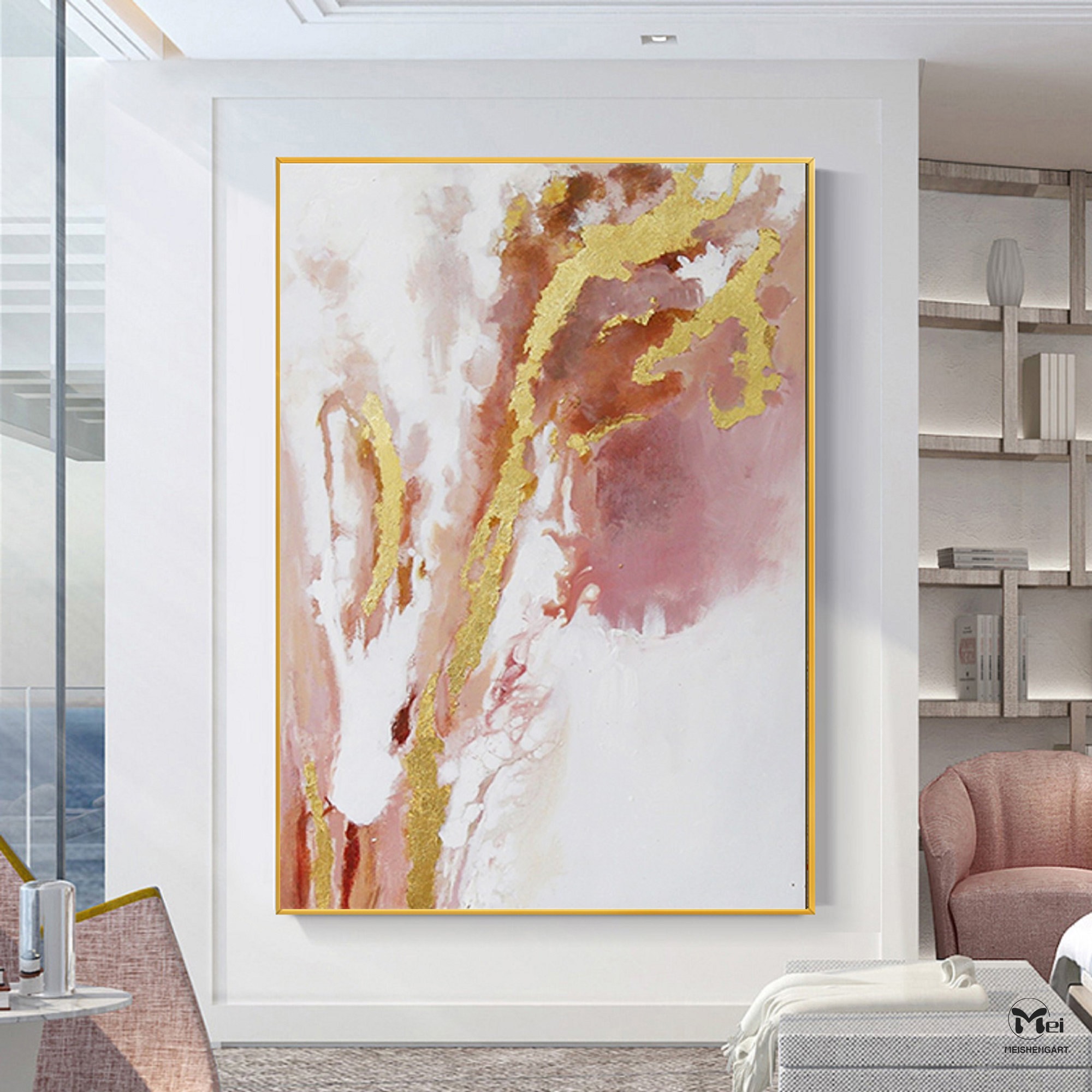 Golden and Pink Abstract Painting Gold Pink Modern Art Etsy