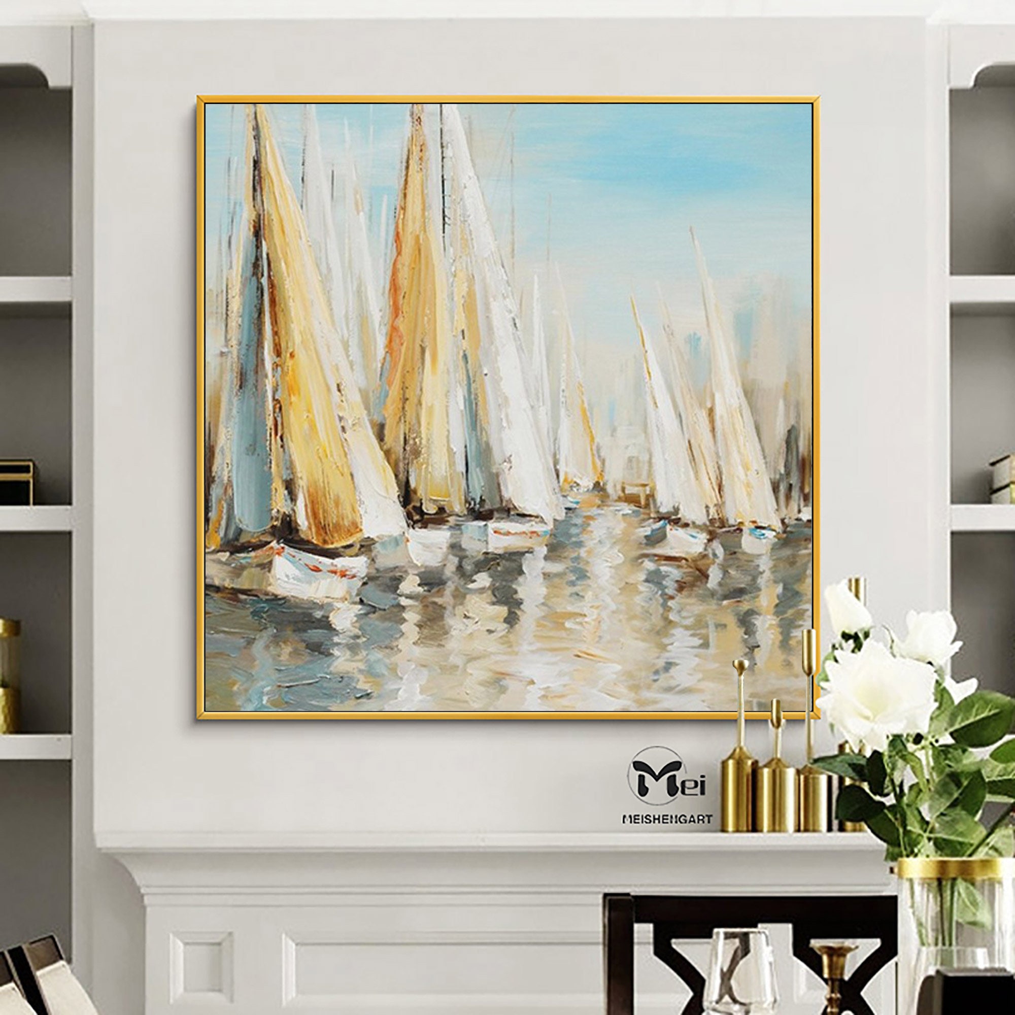 Original Gold Sailboats Abstract Painting Sea Landscape Sunset Etsy