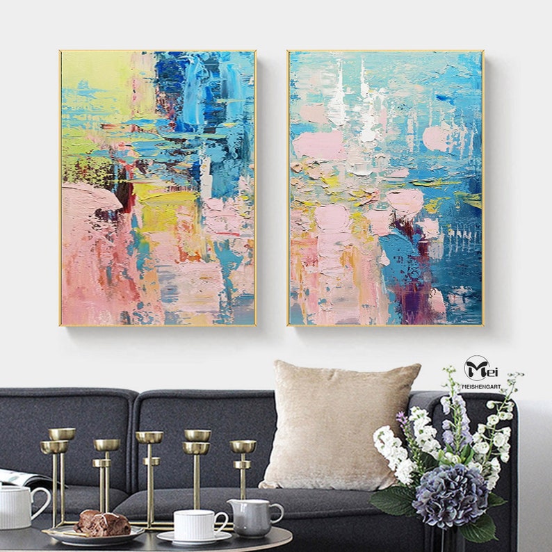 Set of 2 Pieces Painting on Canvas Colorful Abstract Painting Pink and Blue Painting 2 Piece Wall Art Bright Wall Art Modern Abstract Art image 1