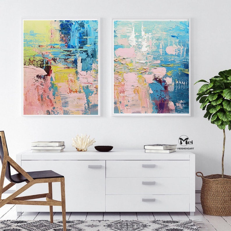 Set of 2 Pieces Painting on Canvas Colorful Abstract Painting Pink and Blue Painting 2 Piece Wall Art Bright Wall Art Modern Abstract Art image 3