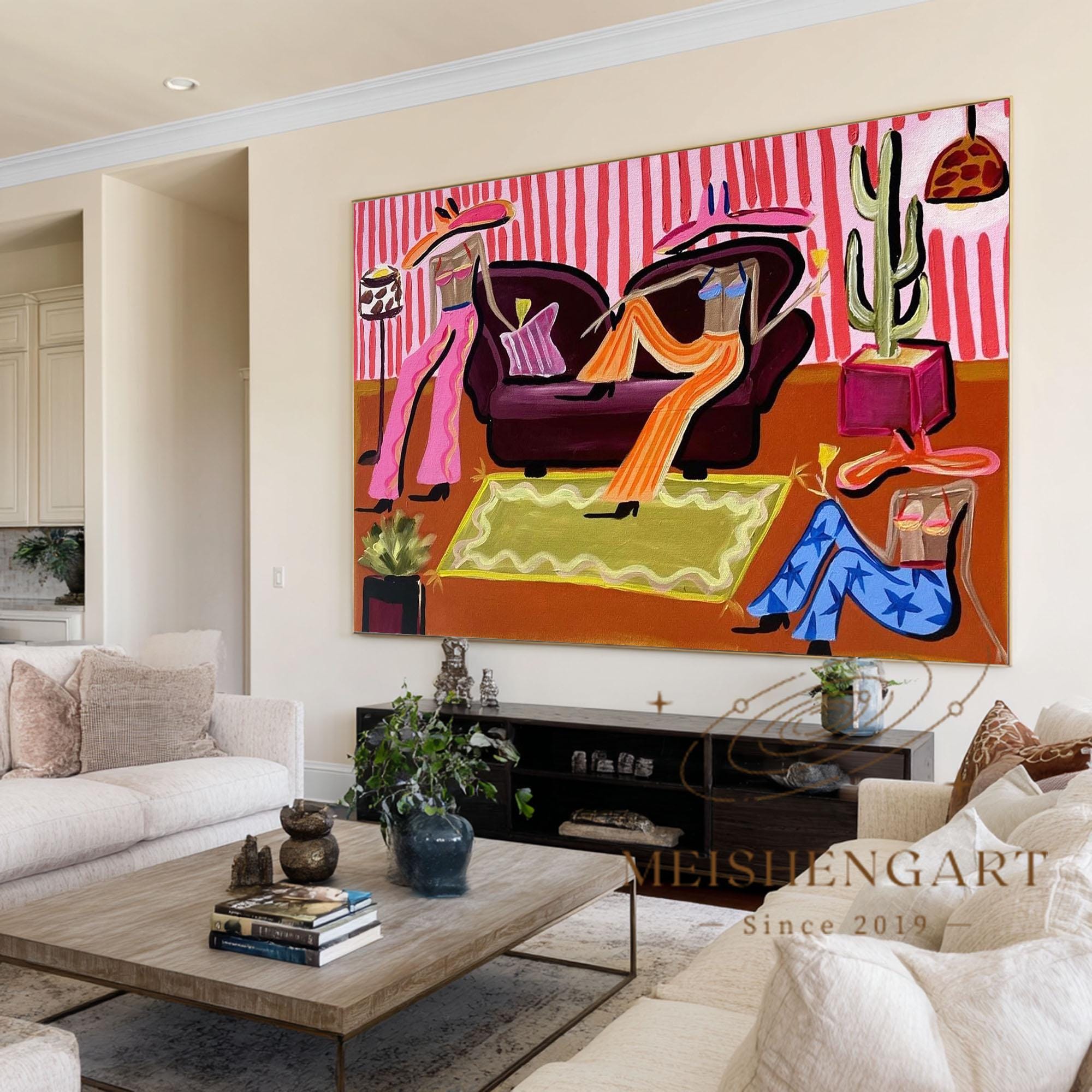 Retro Western Lounge Art,maximalist Pink Stripe Cowgirl Wall Decor ...