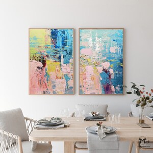 Set of 2 Pieces Painting on Canvas Colorful Abstract Painting Pink and Blue Painting 2 Piece Wall Art Bright Wall Art Modern Abstract Art image 5