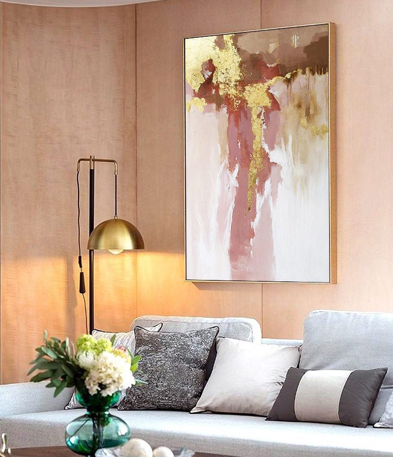 Large Pink Abstract Canvas Art Pink Gold Abstract Gold Leaf Etsy