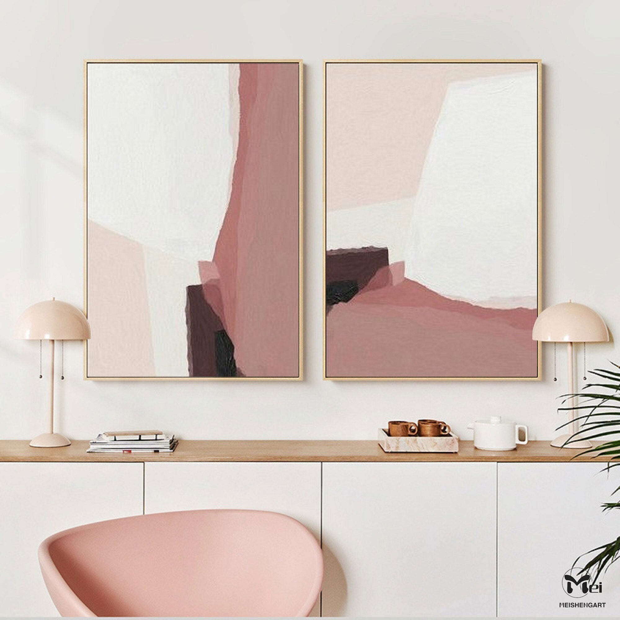 Set of 2 Piece Painting Blush Pink Painting Pink Wall Art | Etsy