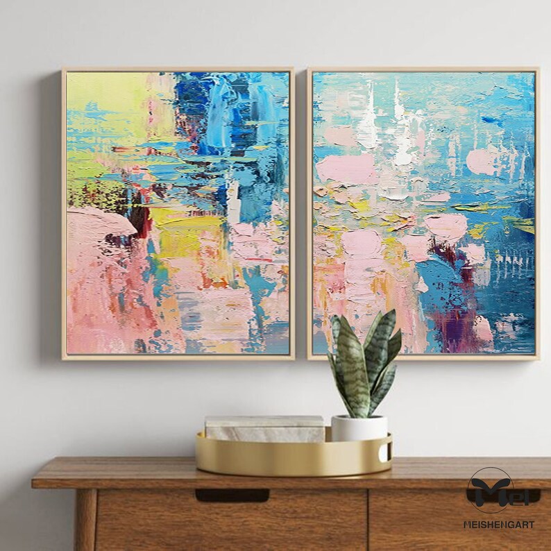 Set of 2 Pieces Painting on Canvas Colorful Abstract Painting Pink and Blue Painting 2 Piece Wall Art Bright Wall Art Modern Abstract Art image 4