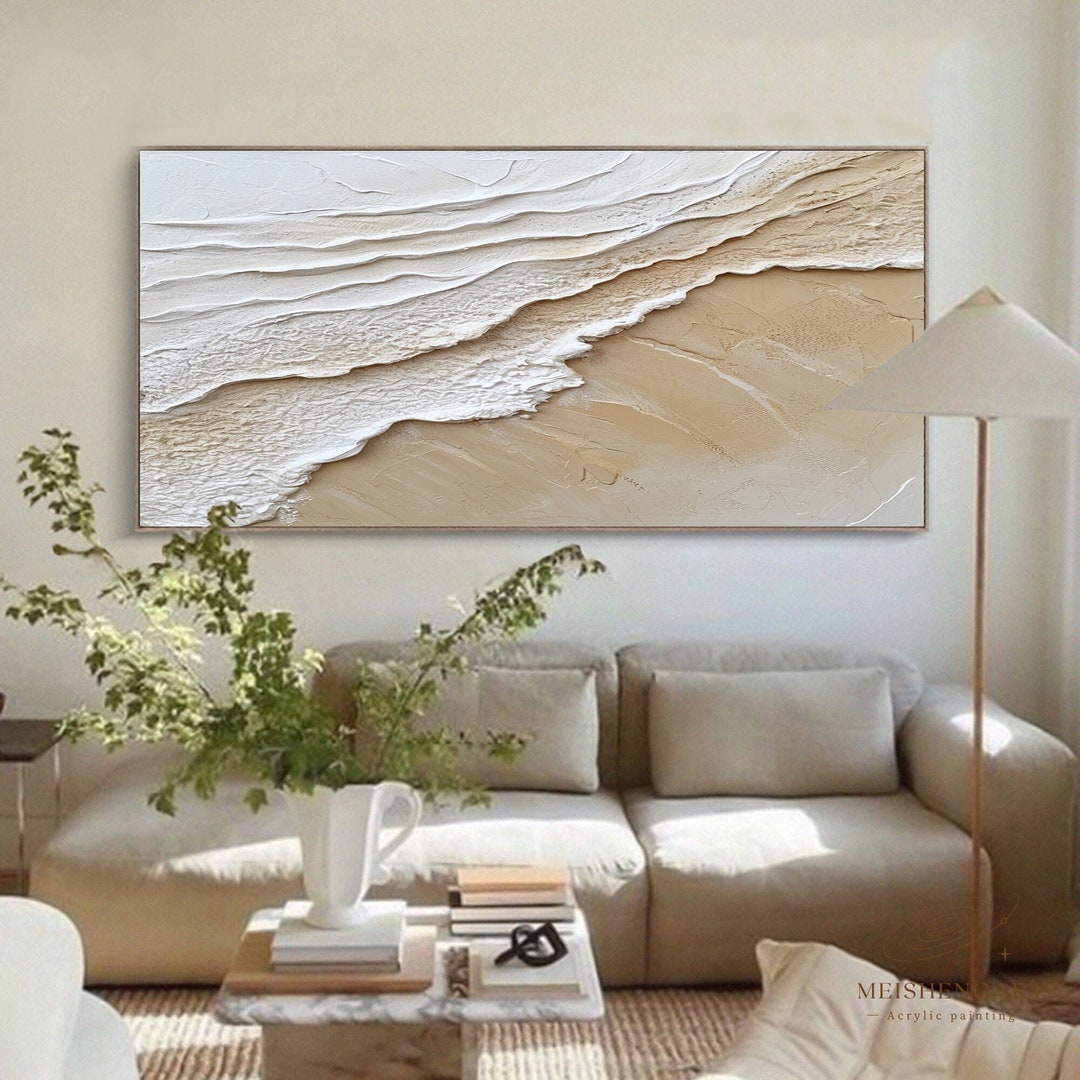 3D Ocean Waves Painting: Beach Abstract Art Beige Textured Wabi-sabi ...