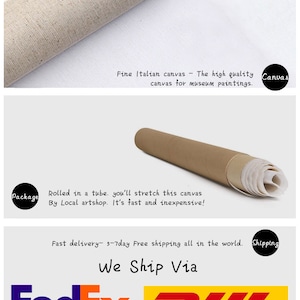 May include: A rolled canvas painting, packaged in a tube. The canvas is made of high-quality Italian material, ideal for museum-quality paintings. The text on the image reads: "Fine Italian canvas - The high quality canvas for museum paintings. Rolled in a tube. you'll stretch this canvas By Local artshop. It's fast and inexpensive! Fast delivery - 5-7day Free shipping all in the world. We Ship Via FedEx DHL"