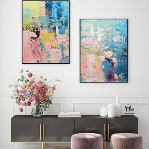 Set of 2 Pieces Painting on Canvas Colorful Abstract Painting Pink and Blue Painting 2 Piece Wall Art Bright Wall Art Modern Abstract Art image 6