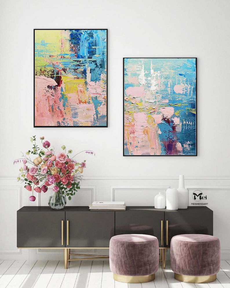 Set of 2 Pieces Painting on Canvas Colorful Abstract Painting Pink and Blue Painting 2 Piece Wall Art Bright Wall Art Modern Abstract Art image 6