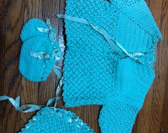 Vintage Baby Baptism Gown with Bonnet and Booties 1960's Crochet Hand Made