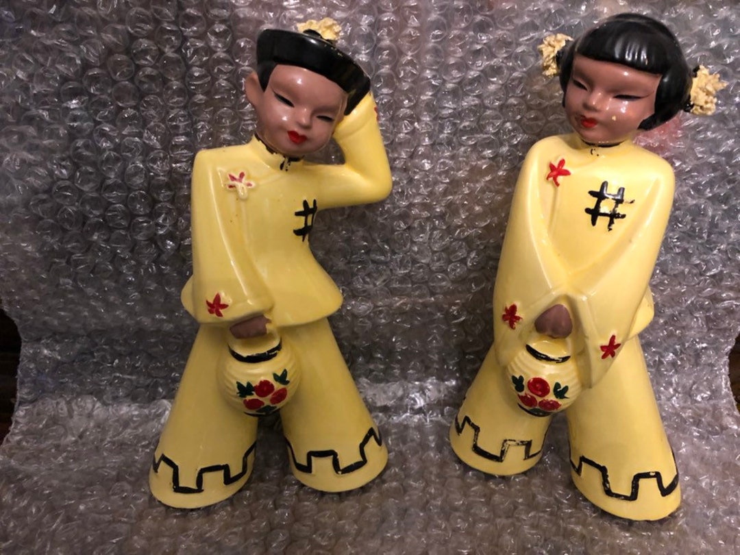 Vintage Asian Oriental Figurine Pair 1958 Hand Painted Hand Made Etsy