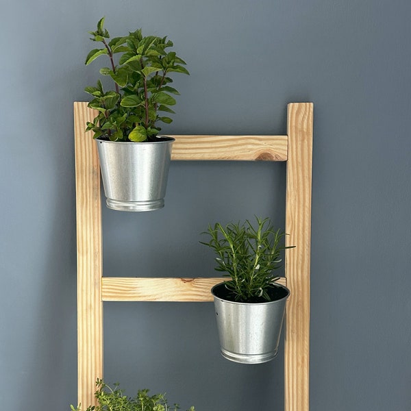 Plant Stand | Plant Ladder | 3 or 5 Tier Plant Display | Wood Herb Garden for Kitchen | Indoor or Outdoor | Balcony or Patio | Pots included