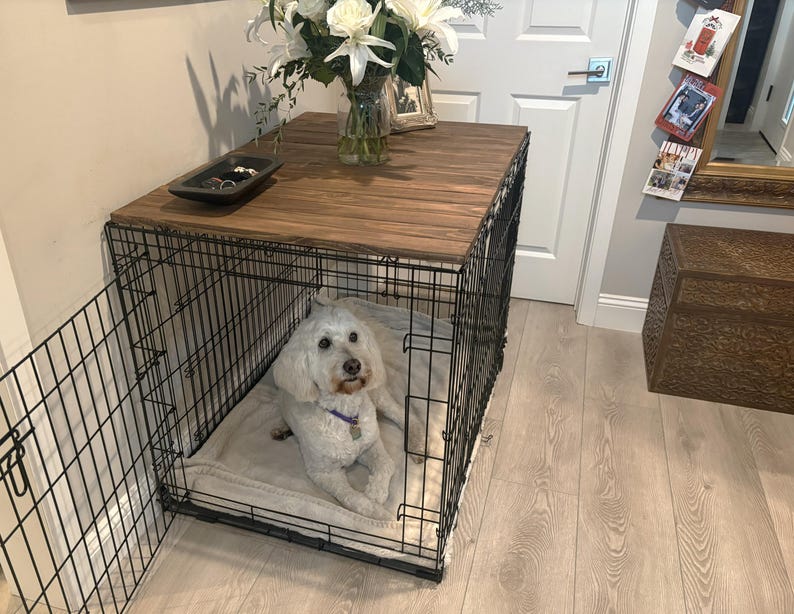 Dog Crate Kennel Topper | Wood Dog Kennel Table Cover | Solid American Pine | Modern Pet Furniture | Durable & Stylish image 3