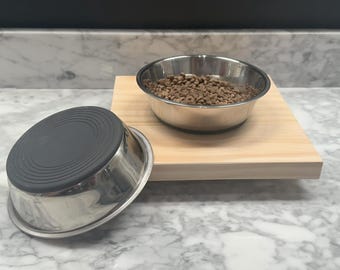 Raised Stainless Steel Pet Bowl with Pine Wood Stand