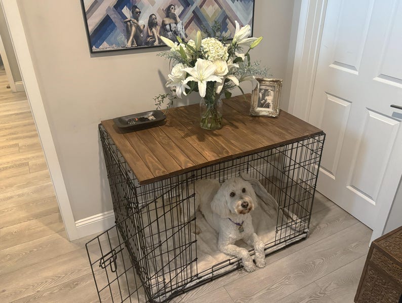 Dog Crate Kennel Topper | Wood Dog Kennel Table Cover | Solid American Pine | Modern Pet Furniture | Durable & Stylish image 1